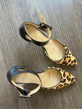 Audrey Brooke Leopard Pointed-Toe Ankle Strap Flats - Black/Tan